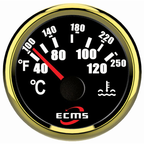 ECMS Water Temperature Gauge - Black & Gold - Temp Range 40-120?C Dia 2" 52MM 12V 24V
