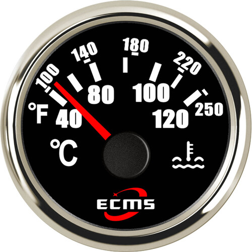 ECMS Water Temperature Gauge - Black & Chrome - Temp Range 40-120?C Dia 2" 52MM 12V 24V Part#: 800-00034