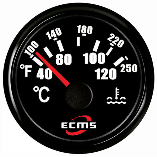 ECMS Water Temperature Gauge - Black on Black - Temp Range 40-120?C Dia 2" 52MM 12V 24V