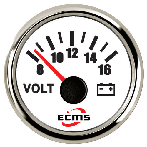 ECMS Voltmeter 8-16V - White & Chrome - Dia 2" 52MM 12V Volt Meter Boat Marine Part#: 800-00056