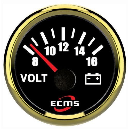 ECMS Voltmeter 8-16V - Black & Gold - Dia 2" 52MM 12V Volt Meter Boat Marine