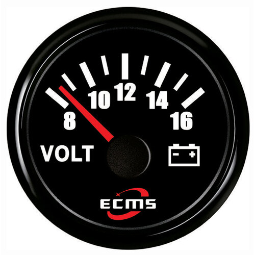 ECMS Voltmeter 8-16V - Black on Black - Dia 2" 52MM 12V Volt Meter Boat Marine