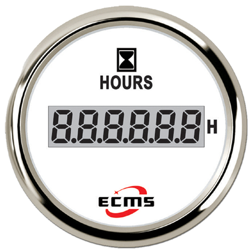 ECMS Digital Hourmeter - White & Chrome -Dia 2" 52MM Boat Marine 12V Hour Meter Part#: 800-00186