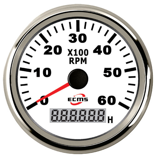 ECMS Tachometer 6000 RPM + Digital Hour Meter - White & Chrome - Boat marine 12V 900-00011