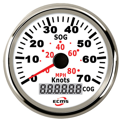 ECMS Speedometer GPS Gauge 80 MPH 70 Knots - White & Chrome - 85MM 12V Part#: 900-00046