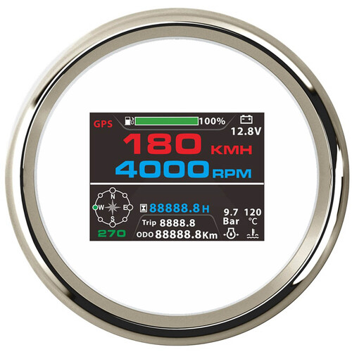 ECMS Multi-Functional  (10 in 1) Digital Gauge ? WHITE & CHROME ? GPS Speedometer Tachometer Hour Water Temp Fuel Level Oil Pressure Voltmeter 85mm