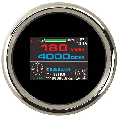 ECMS Multi-Functional  (10 in 1) Digital Gauge ? BLACK & CHROME ? GPS Speedometer Tachometer Hour Water Temp Fuel Level Oil Pressure Voltmeter 85mm
