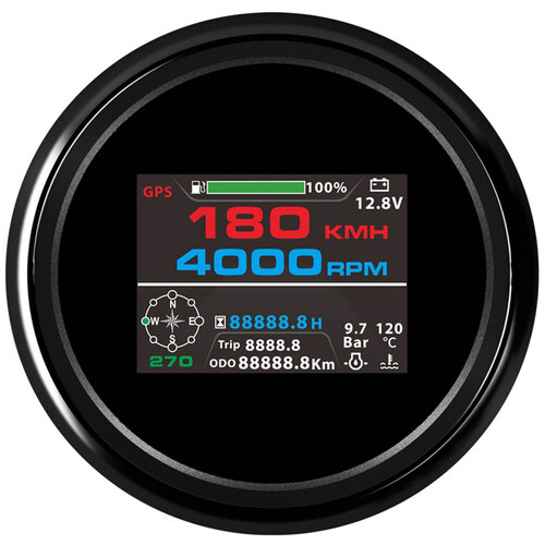 ECMS Multi-Functional  (10 in 1) Digital Gauge ? BLACK on BLACK ? GPS Speedometer Tachometer Hour Water Temp Fuel Level Oil Pressure Voltmeter 85mm